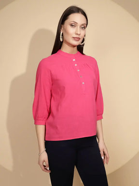 Hot Pink Cotton Regular Fit Blouson Top For Women