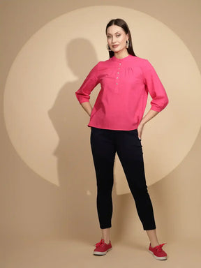 Hot Pink Cotton Regular Fit Blouson Top For Women