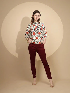 Red Cotton Regular Fit Blouson Top For Women