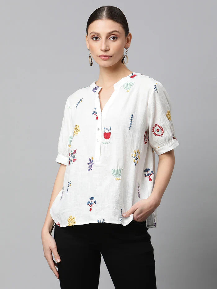 White Cotton Regular Fit Blouson Top For Women - Global Republic #