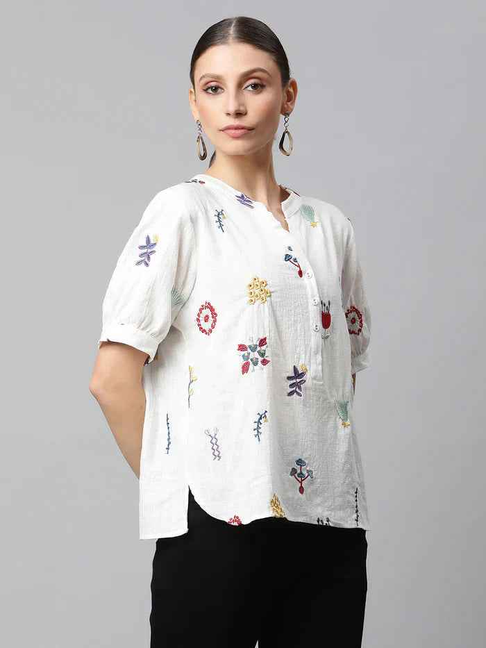 White Cotton Regular Fit Blouson Top For Women - Global Republic #