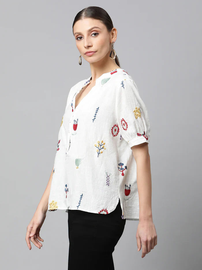 White Cotton Quirky Top - Global Republic