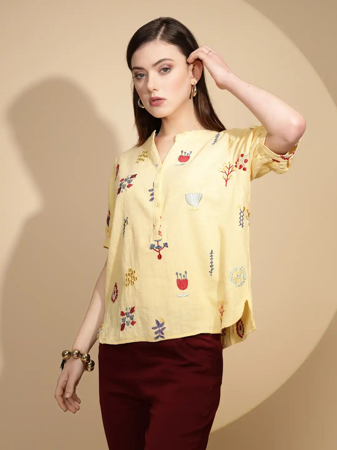 Yellow Cotton Regular Fit Blouson Top For Women