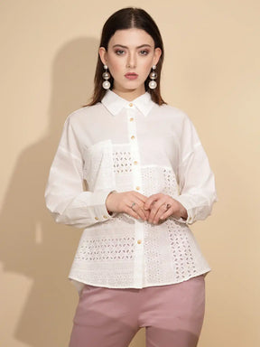 White Cotton Schiffli Shirt
