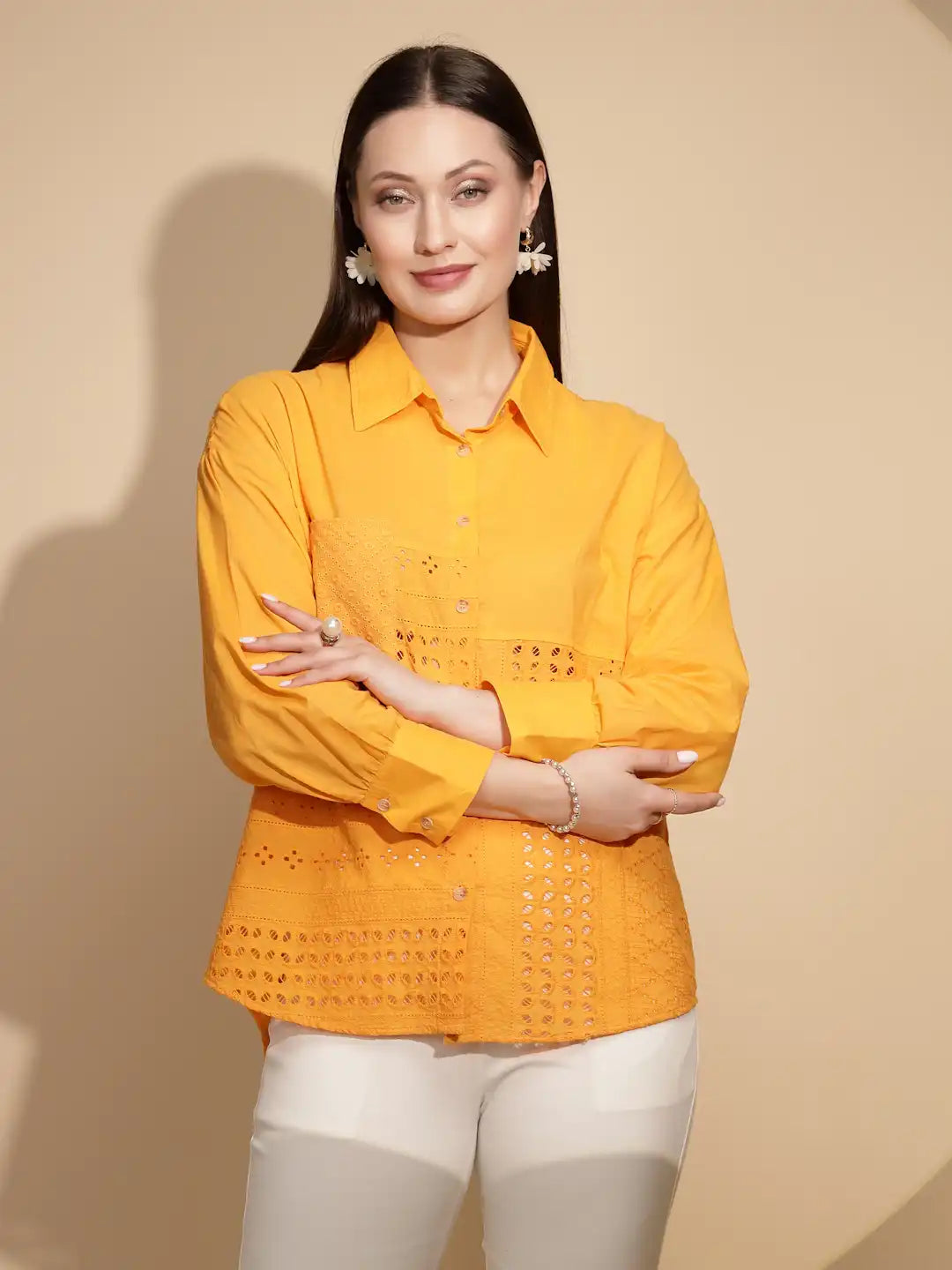 Yellow Cotton Regular Fit Shirt For Women