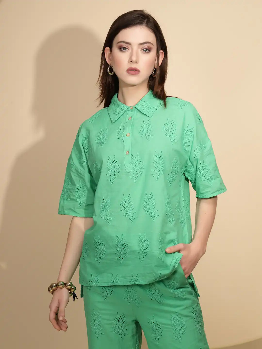 Green Cotton Regular Fit Shirt For Women