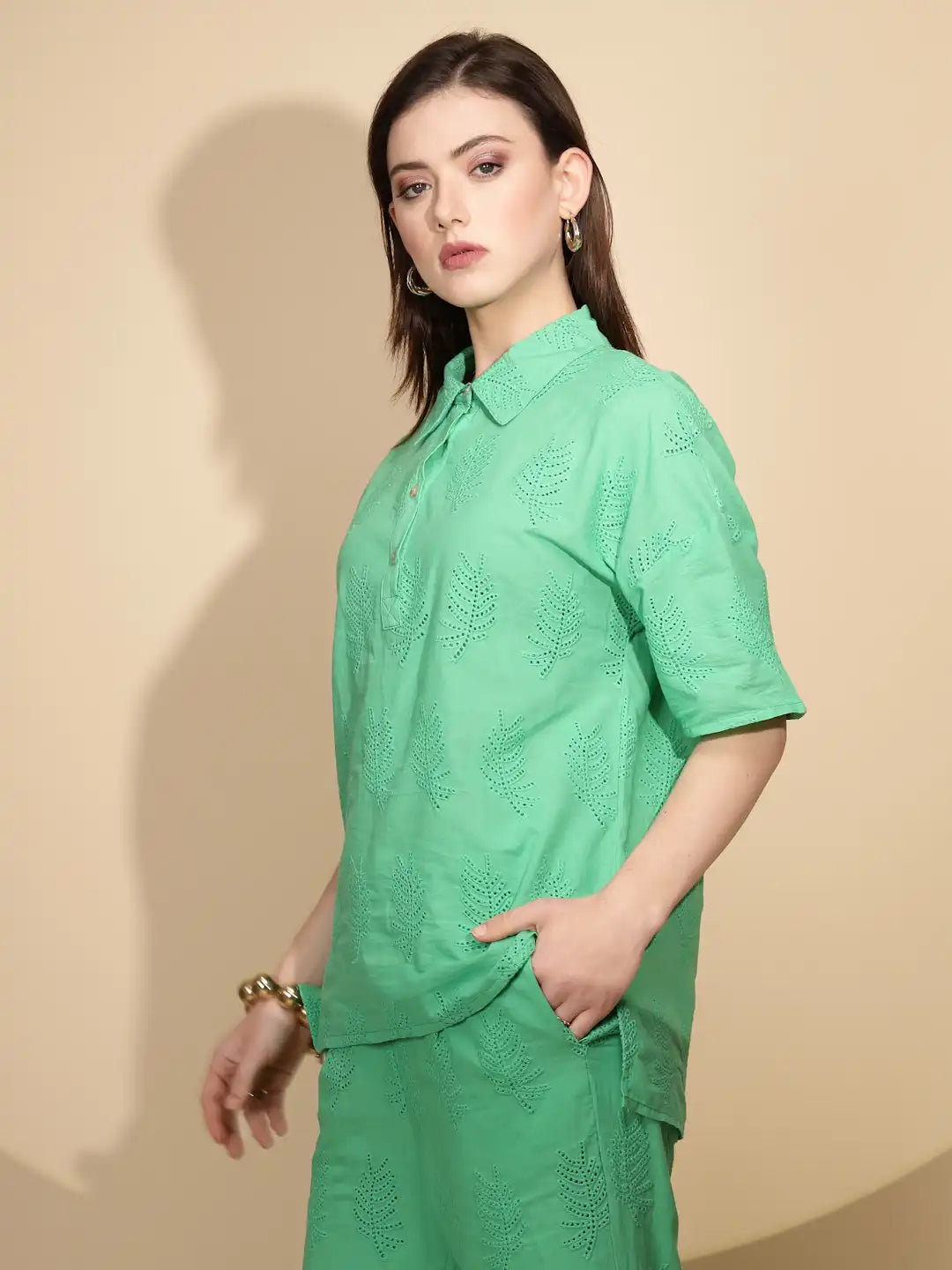 Green Cotton Regular Fit Shirt For Women