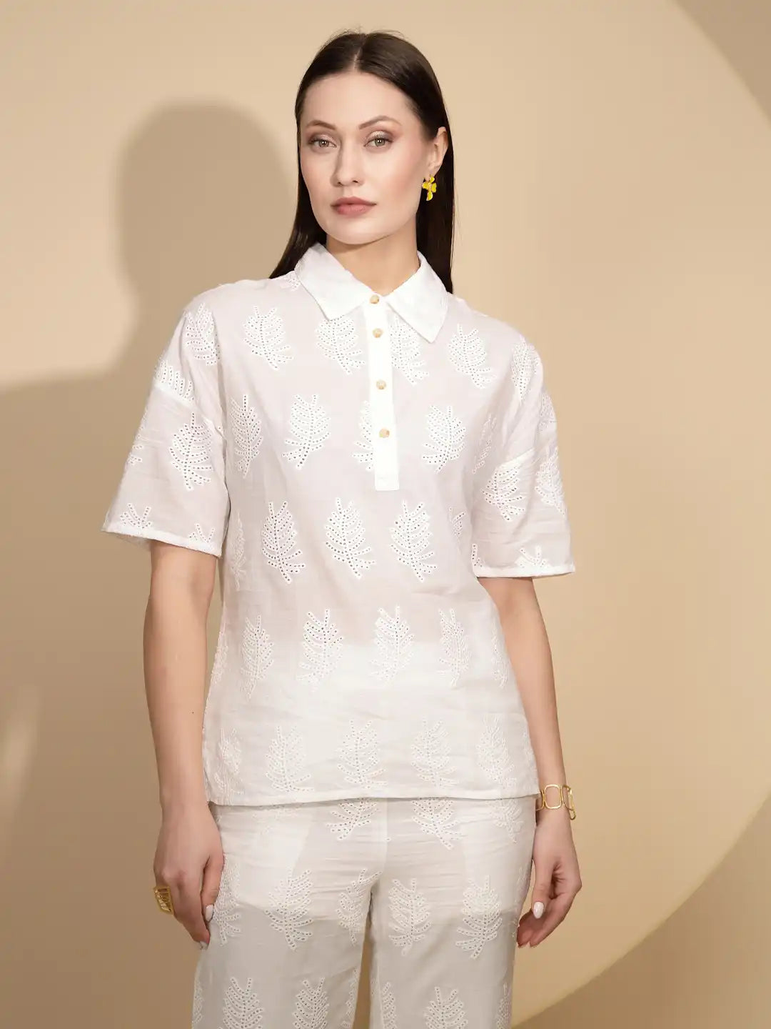 White Embroidered Cotton Shirt Top