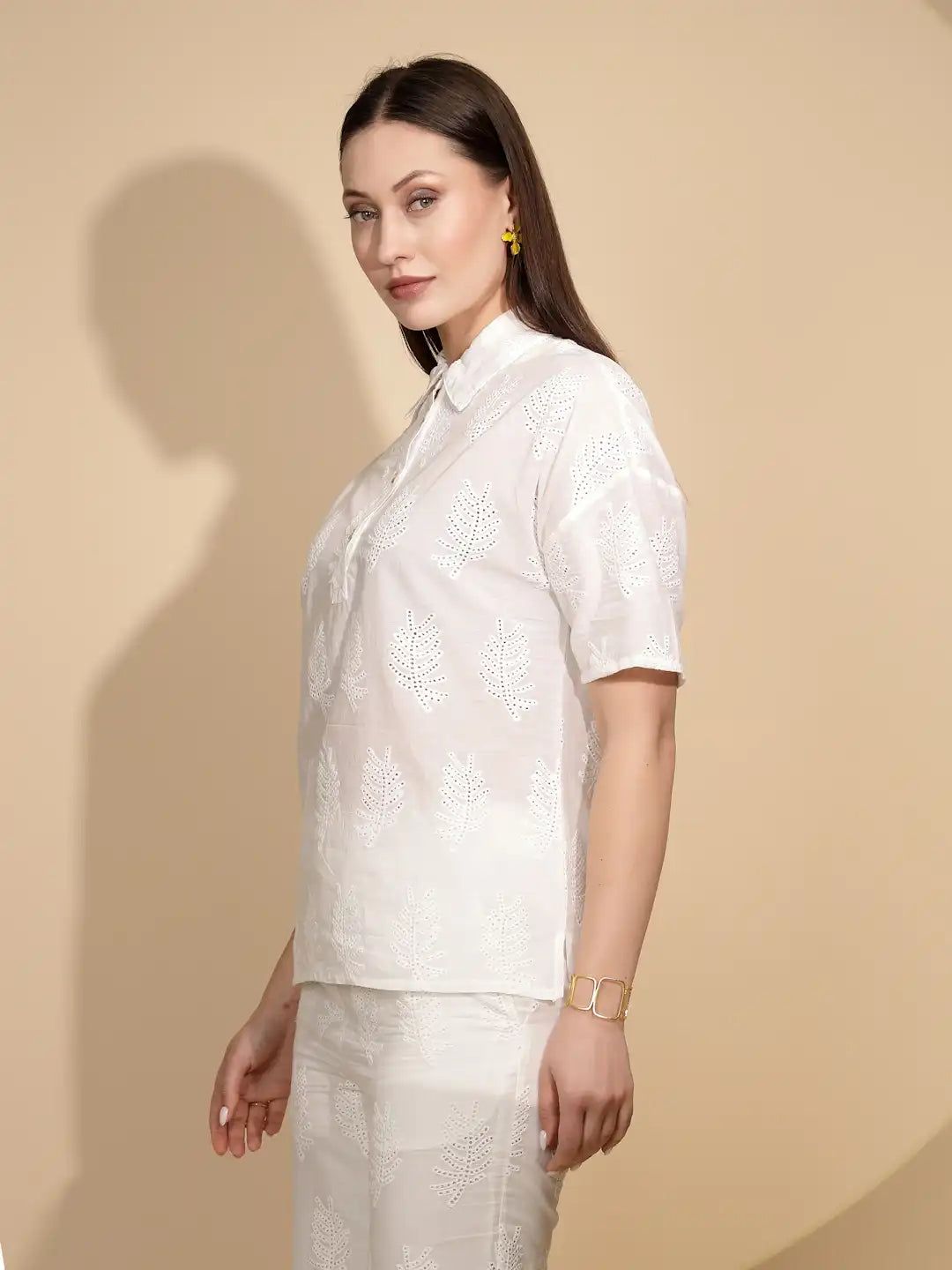 White Embroidered Cotton Shirt Top