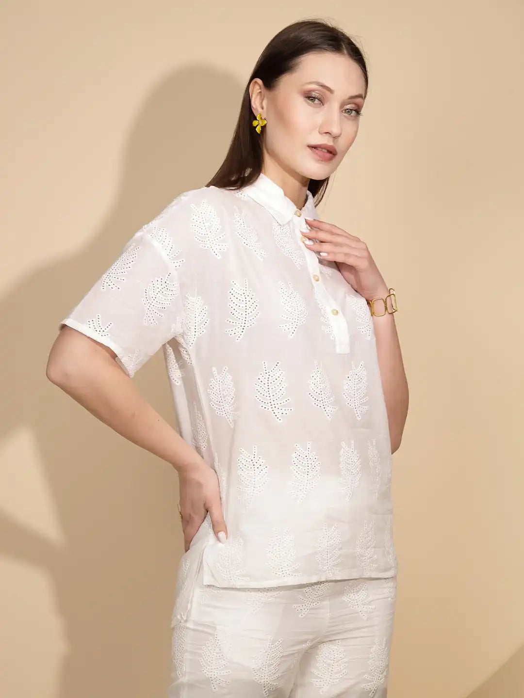 White Embroidered Cotton Shirt Top