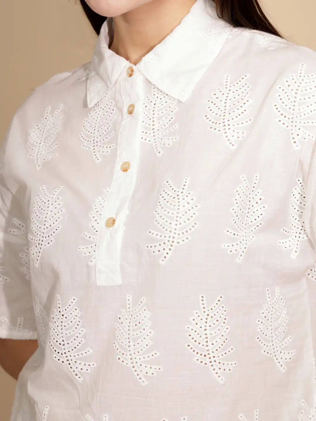 White Embroidered Cotton Shirt Top