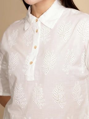 White Embroidered Cotton Shirt Top