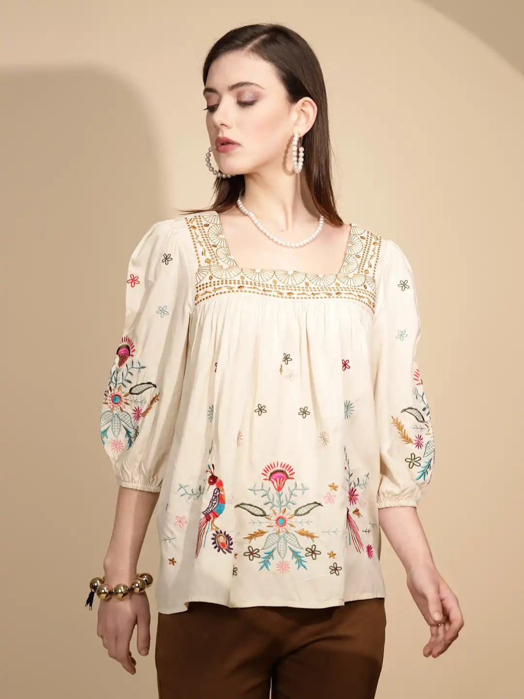 Beige Cotton Regular Fit Blouson Top For Women