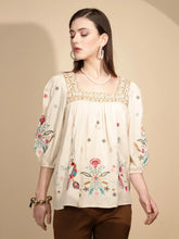 Beige Cotton Regular Fit Blouson Top For Women