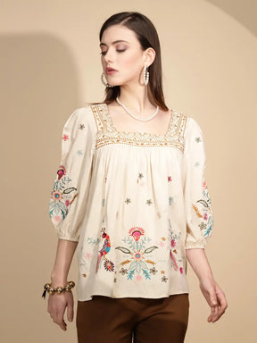 Beige Cotton Regular Fit Blouson Top