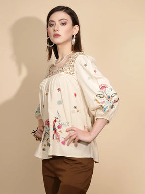 Beige Cotton Regular Fit Blouson Top For Women