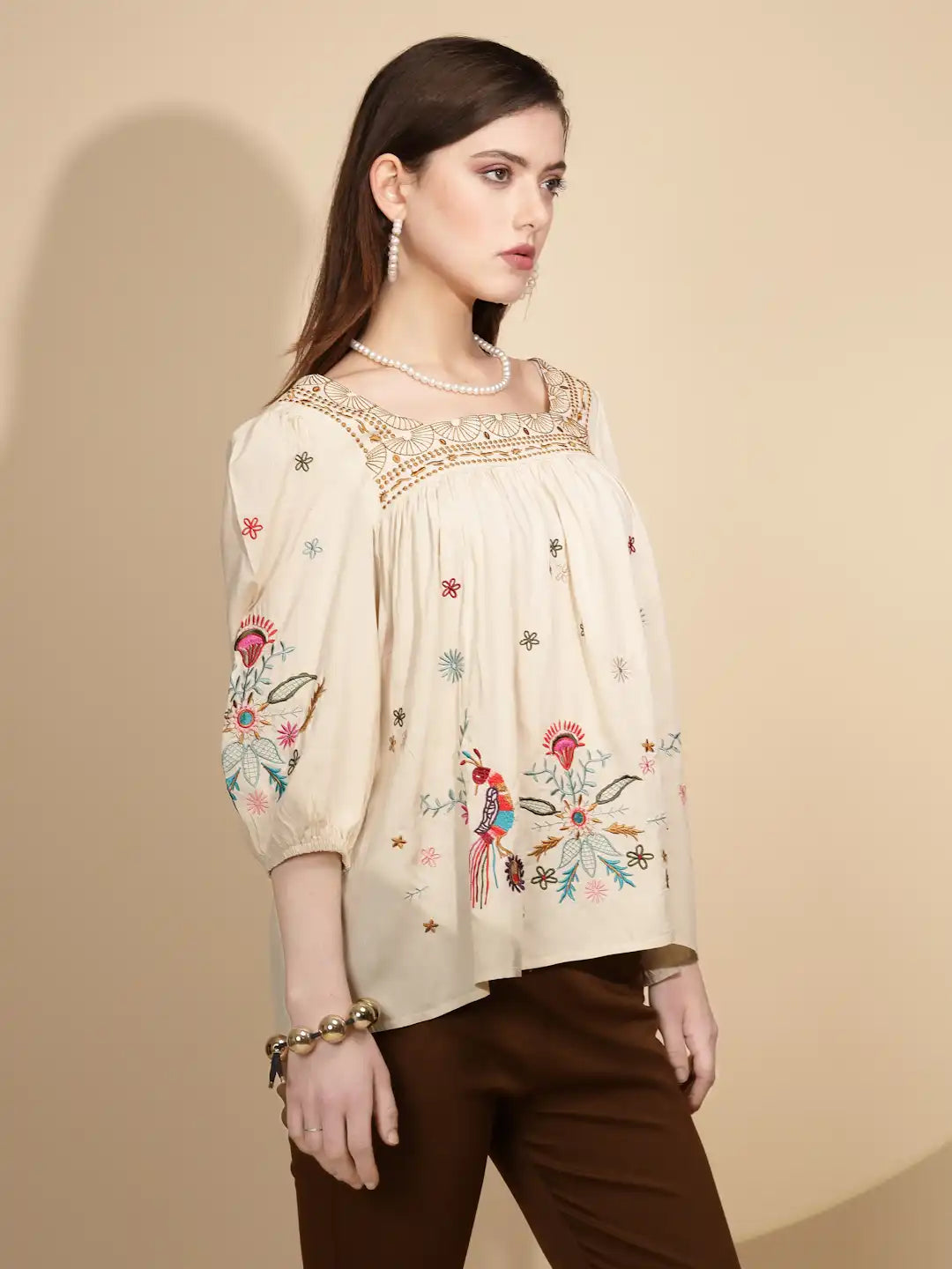 Beige Cotton Regular Fit Blouson Top