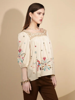 Beige Cotton Regular Fit Blouson Top For Women