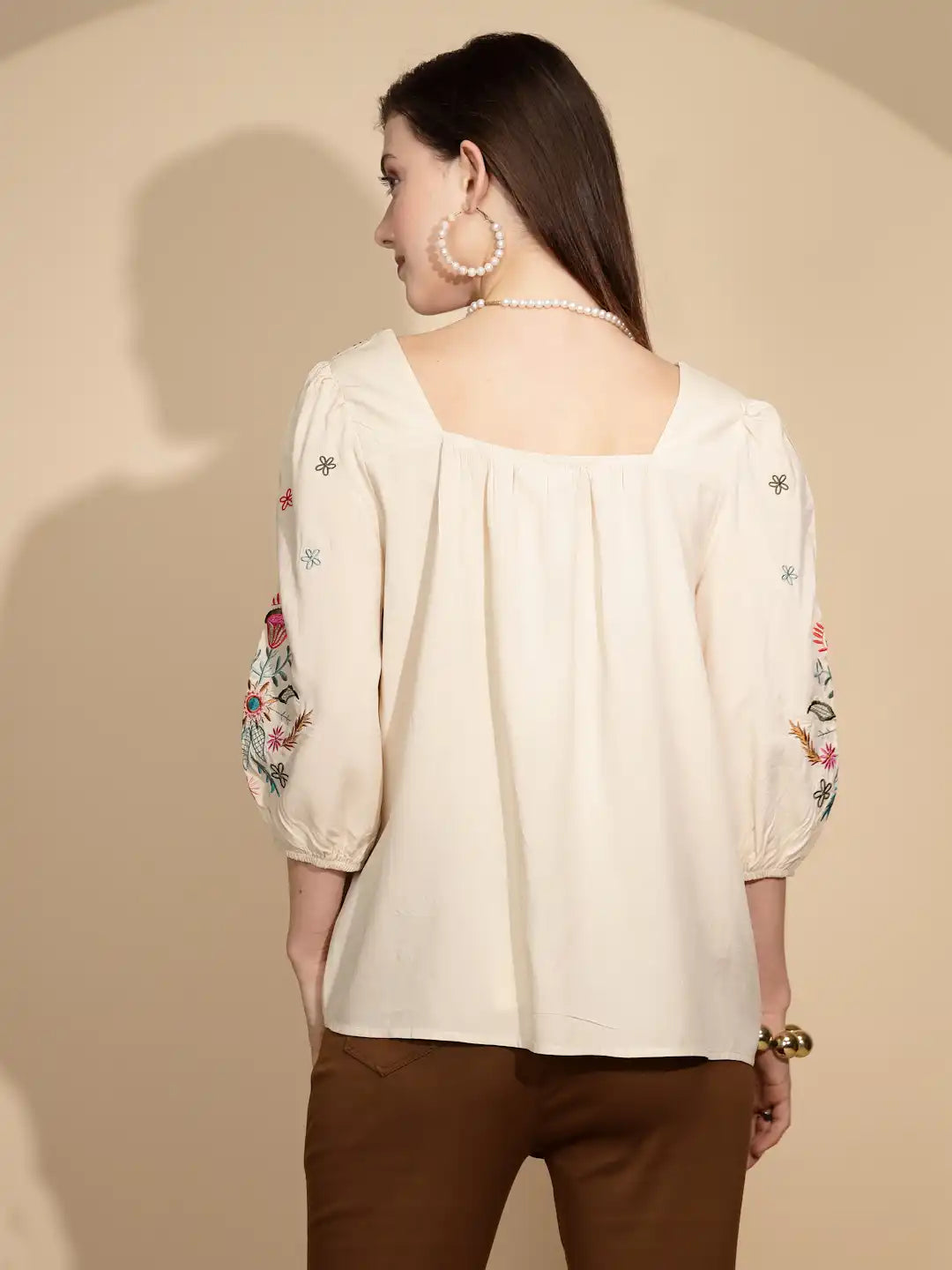 Beige Cotton Regular Fit Blouson Top For Women