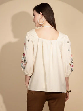 Beige Cotton Regular Fit Blouson Top