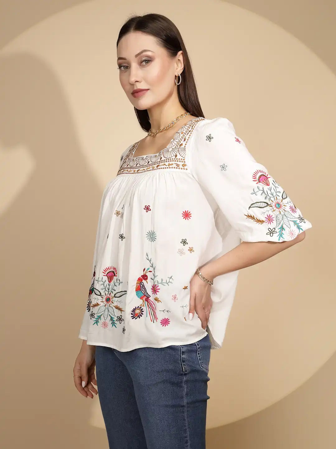 White Cotton Regular Fit Blouson Top For Women