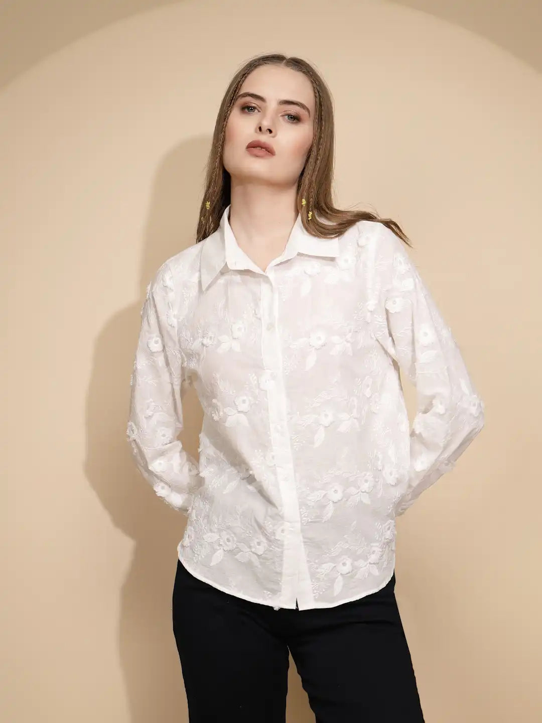 White 3D Embroidered Cotton Shirt - Global Republic