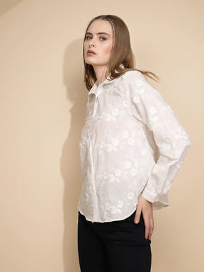 White 3D Embroidered Cotton Shirt