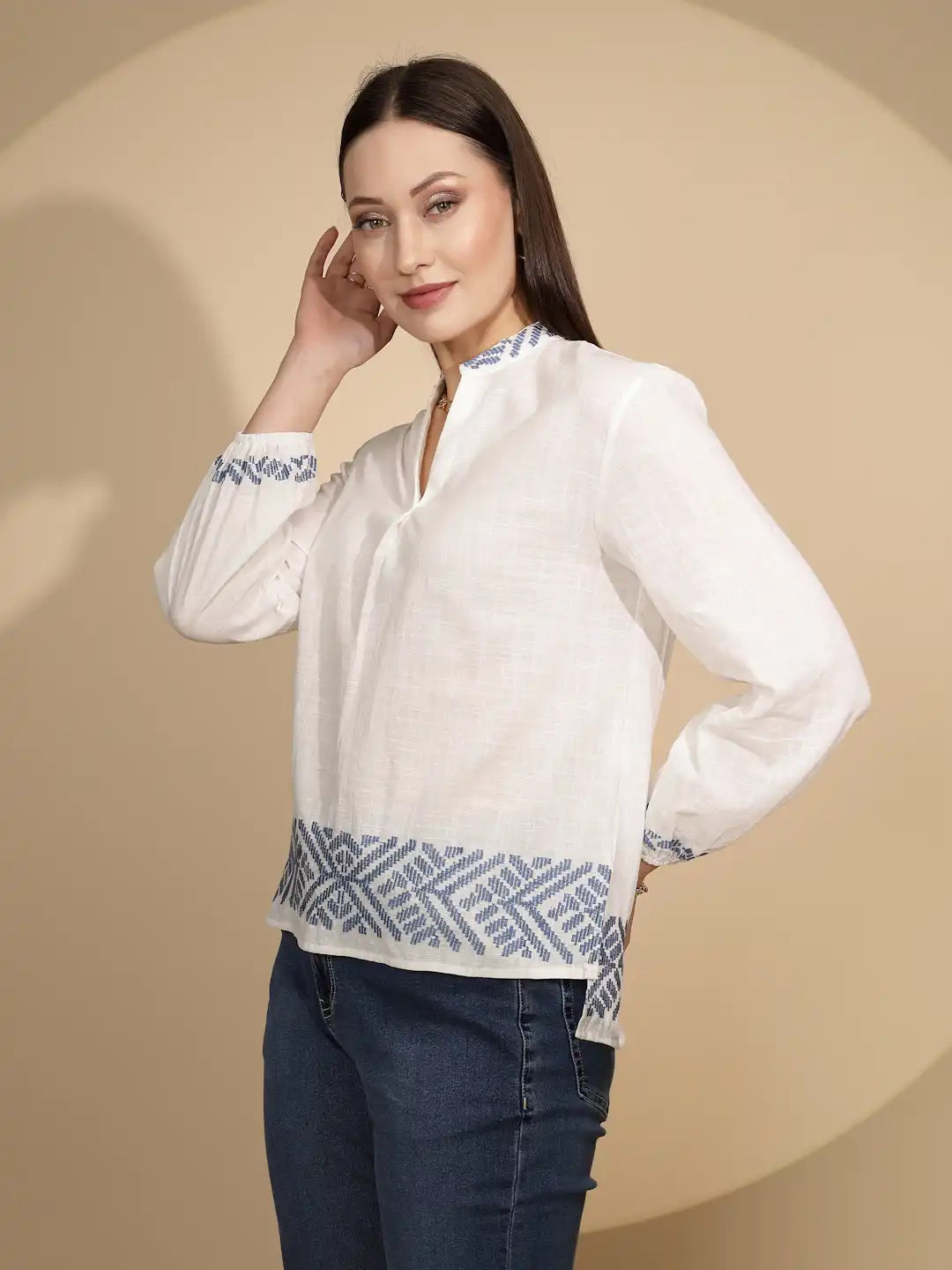 White Cotton Regular Fit Blouson Top For Women - Global Republic #