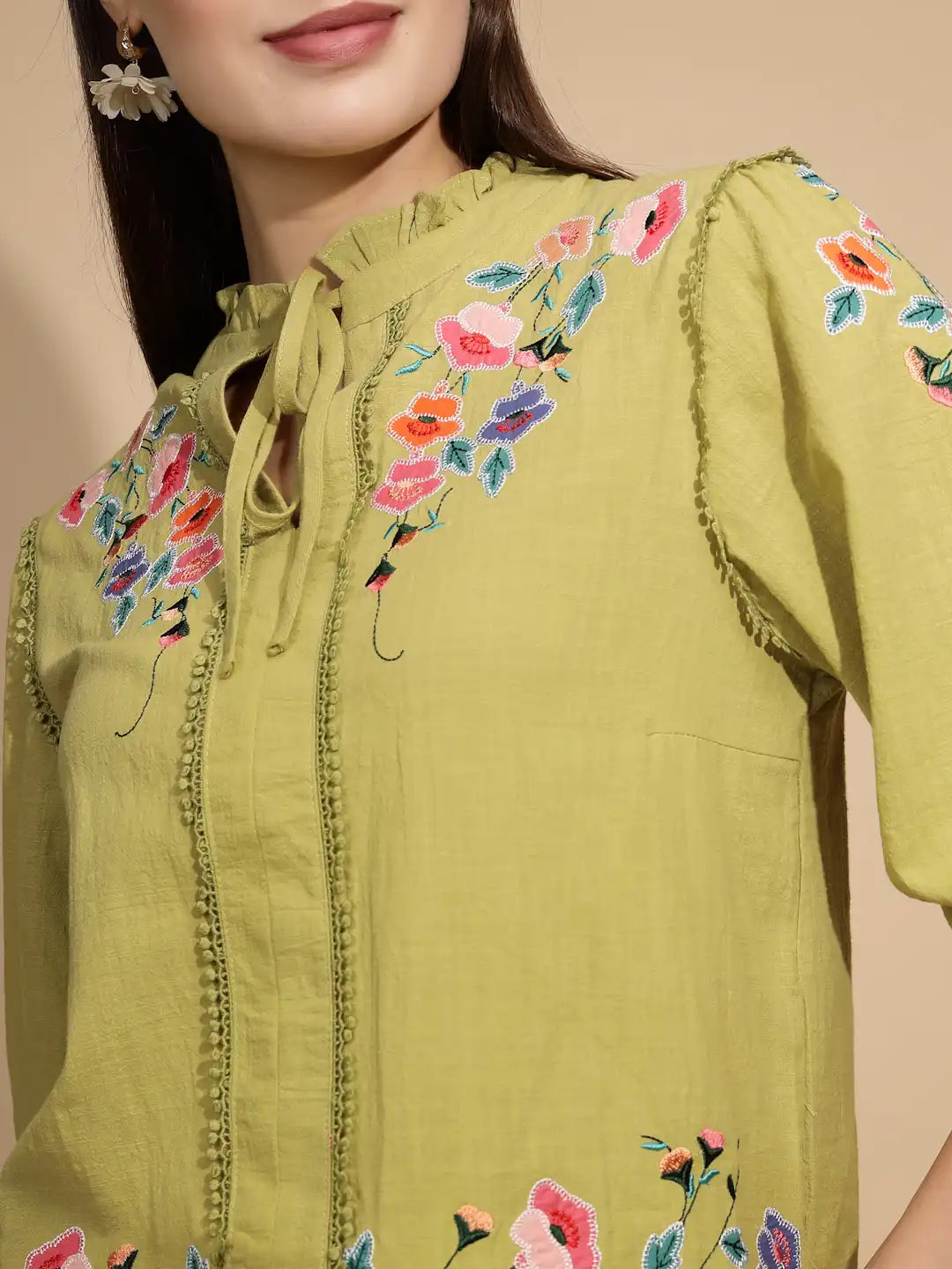 Green Cotton Regular Fit Blouson Top For Women - Global Republic