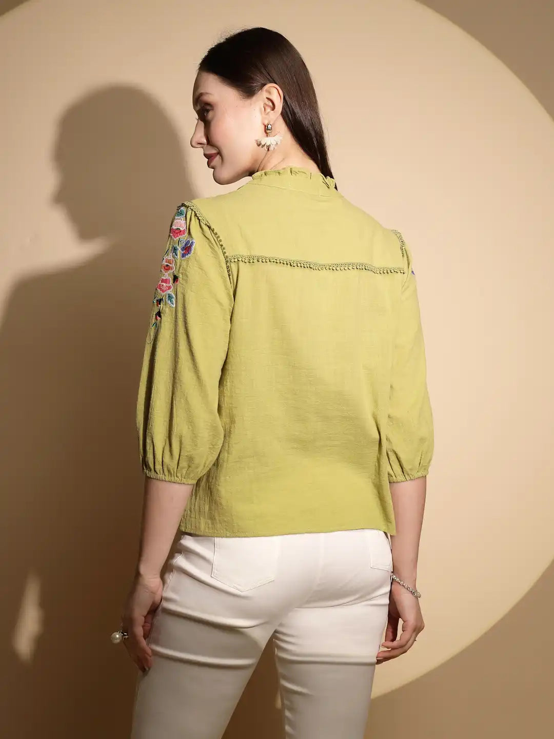 Green Cotton Regular Fit Blouson Top For Women - Global Republic
