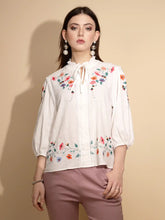 White Cotton Regular Fit Blouson Top For Women