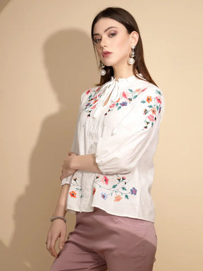 White Cotton Regular Fit Blouson Top For Women