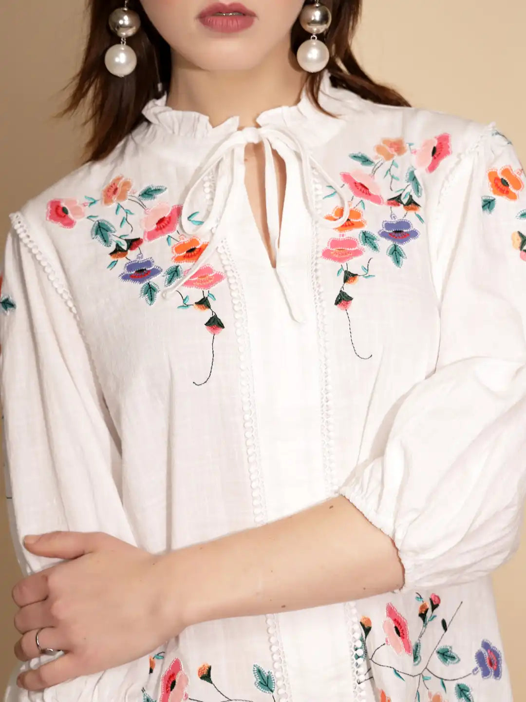 White Floral Embroidered Cotton Top - Global Republic