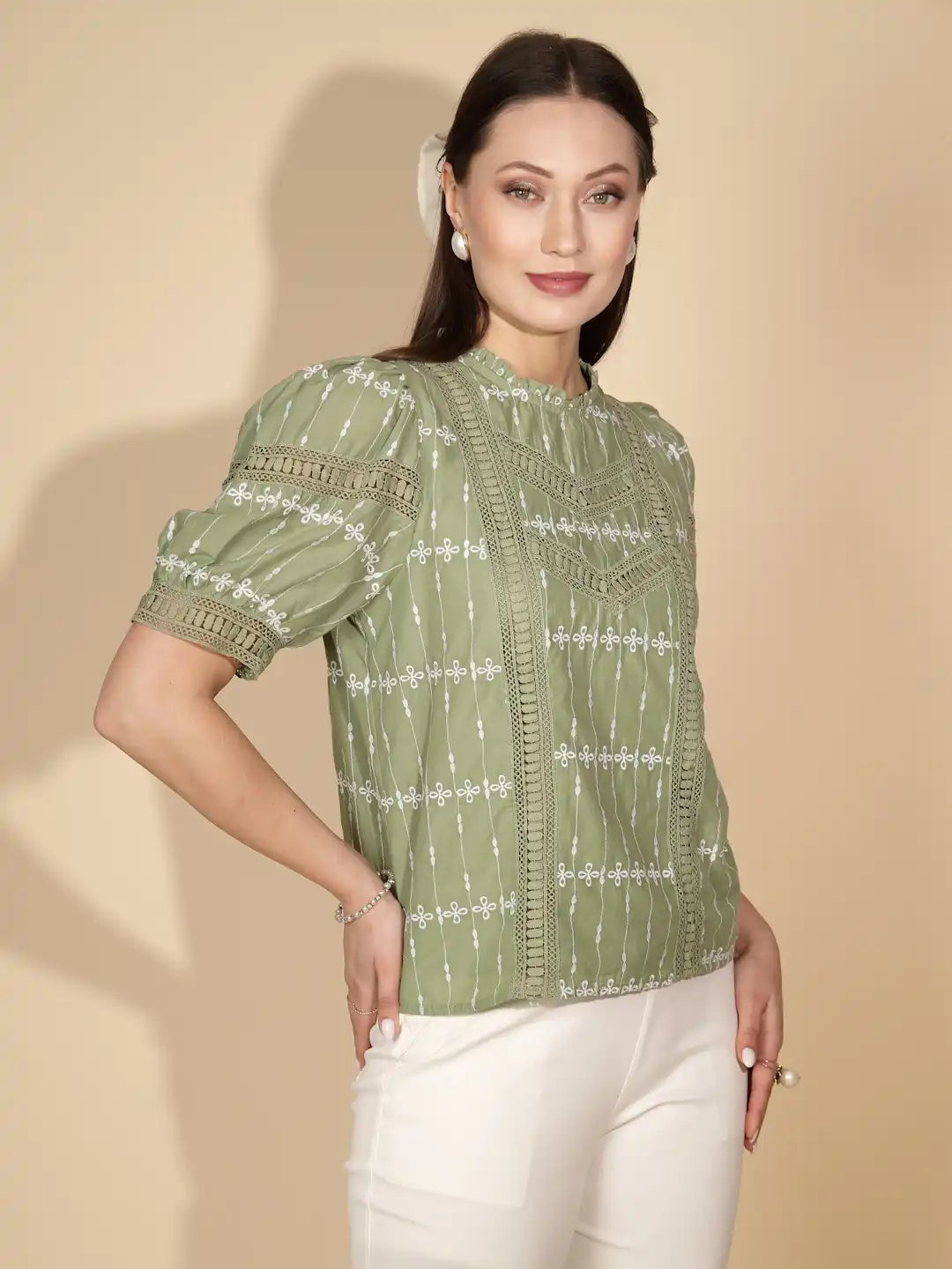 Green Cotton Regular Fit Blouson Top - Global Republic