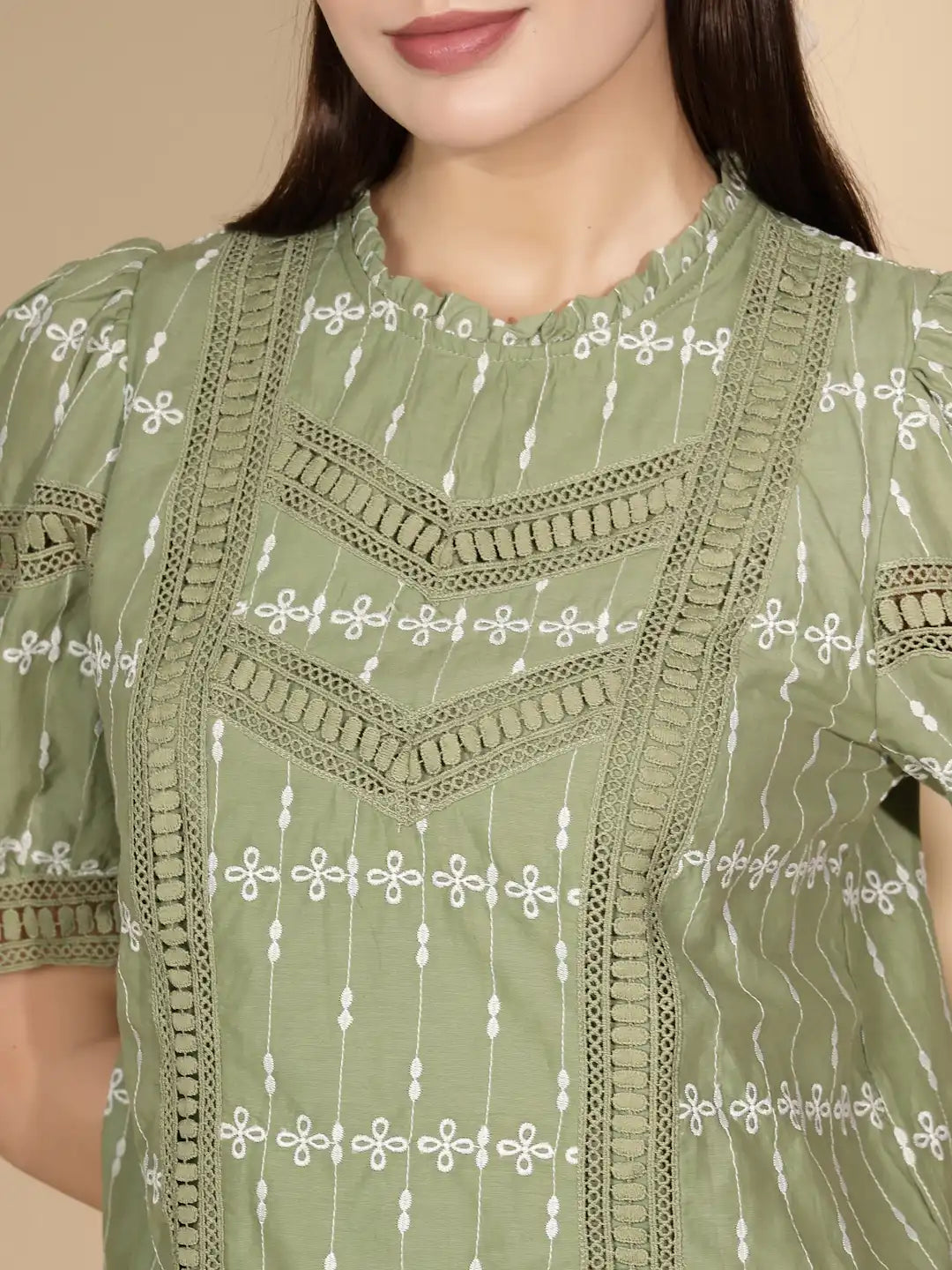Green Cotton Regular Fit Blouson Top - Global Republic