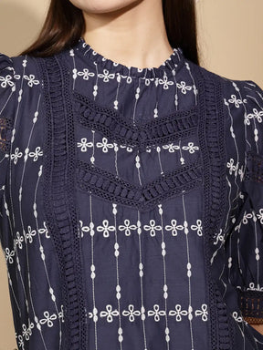 Navy Cotton Regular Fit Blouson Top For Women