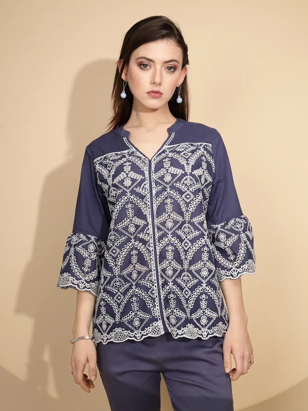 Navy Cotton Regular Fit Blouson Top For Women