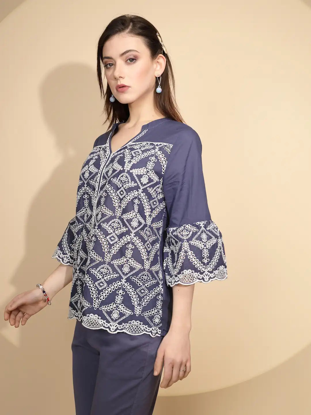 Navy Embroidered Cotton Top
