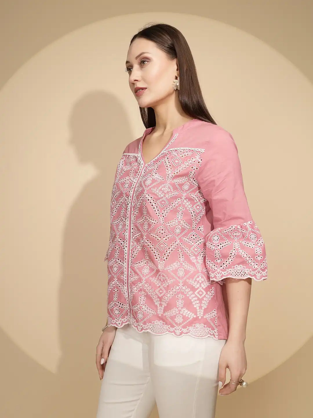 Pink Cotton Regular Fit Blouson Top For Women