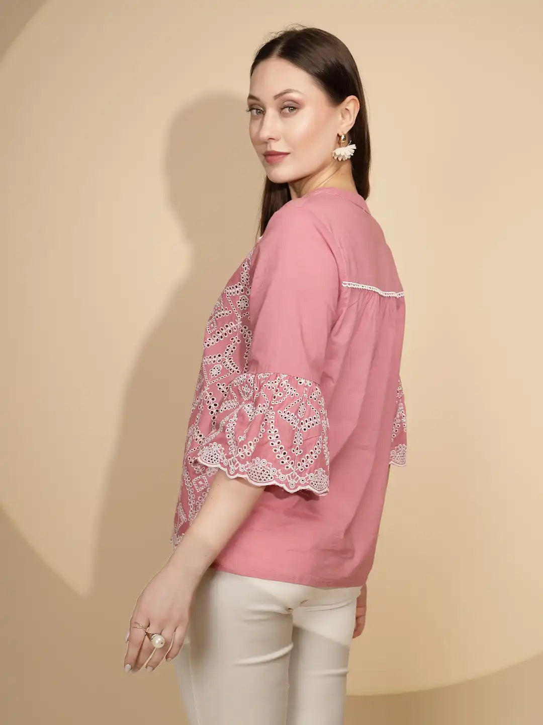 Pink Cotton Regular Fit Blouson Top For Women