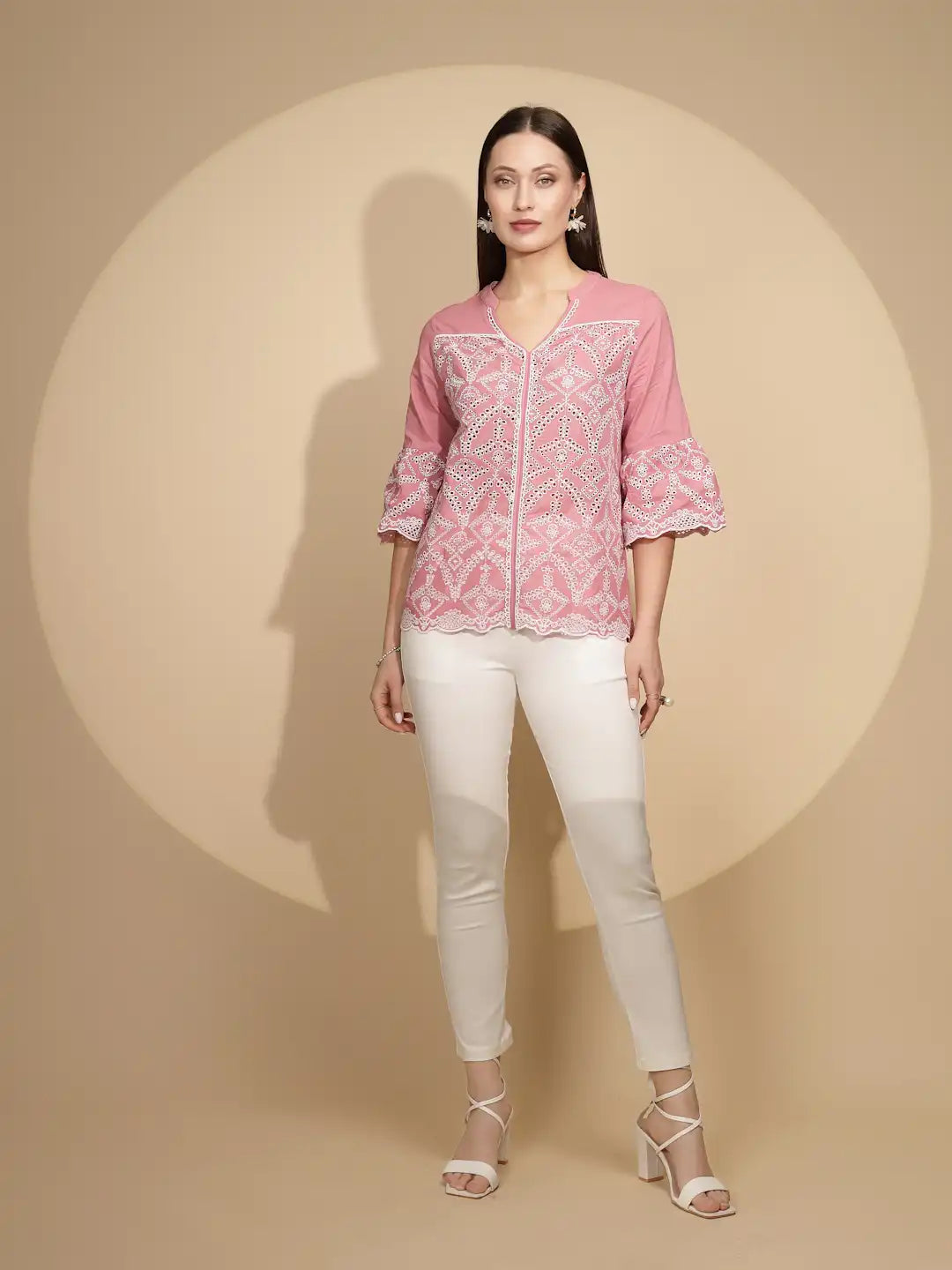 Pink Cotton Regular Fit Blouson Top For Women