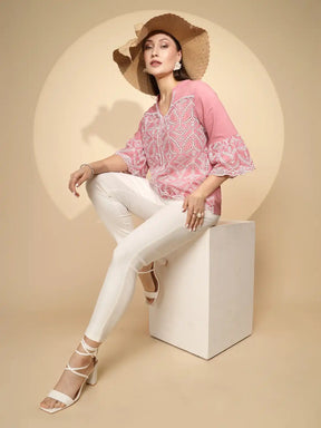 Pink Cotton Regular Fit Blouson Top For Women