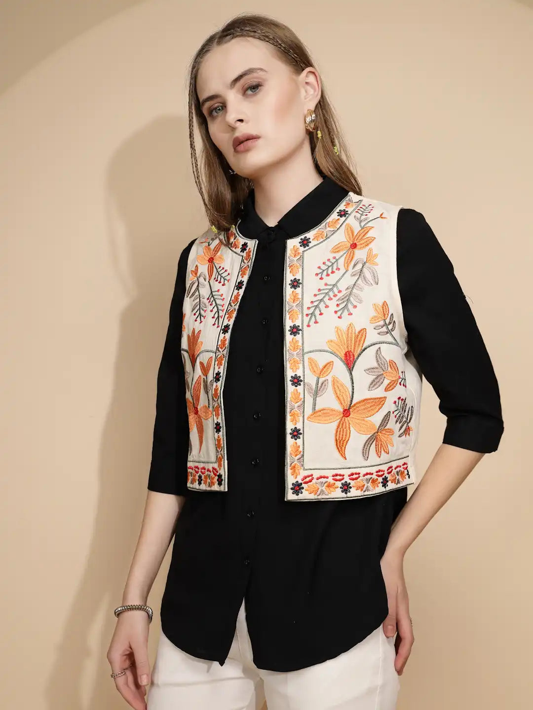 Cream Embroidered Waist Coat - Global Republic