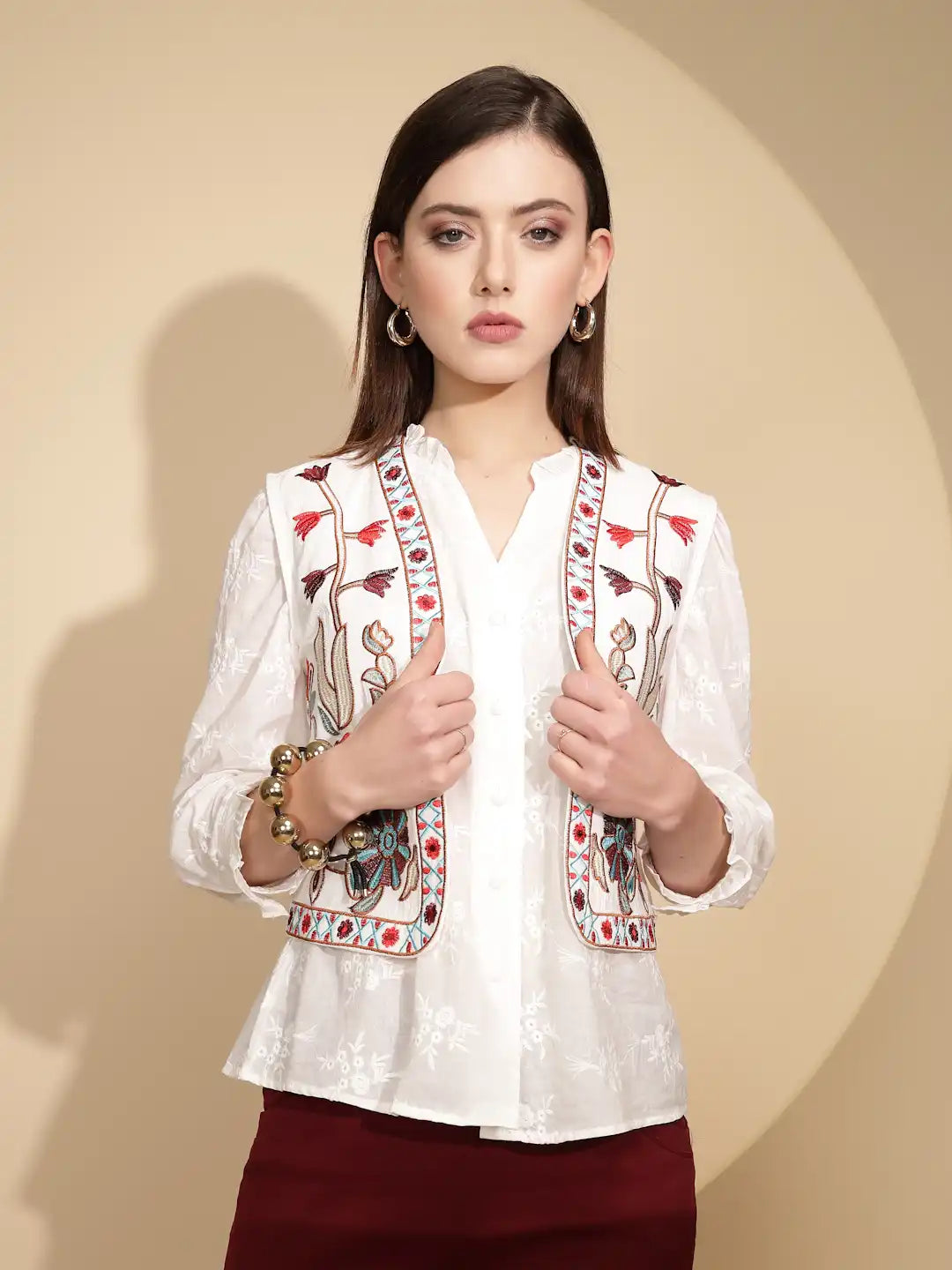 White Cotton Tailored Fit Waist Coat For Women - Global Republic