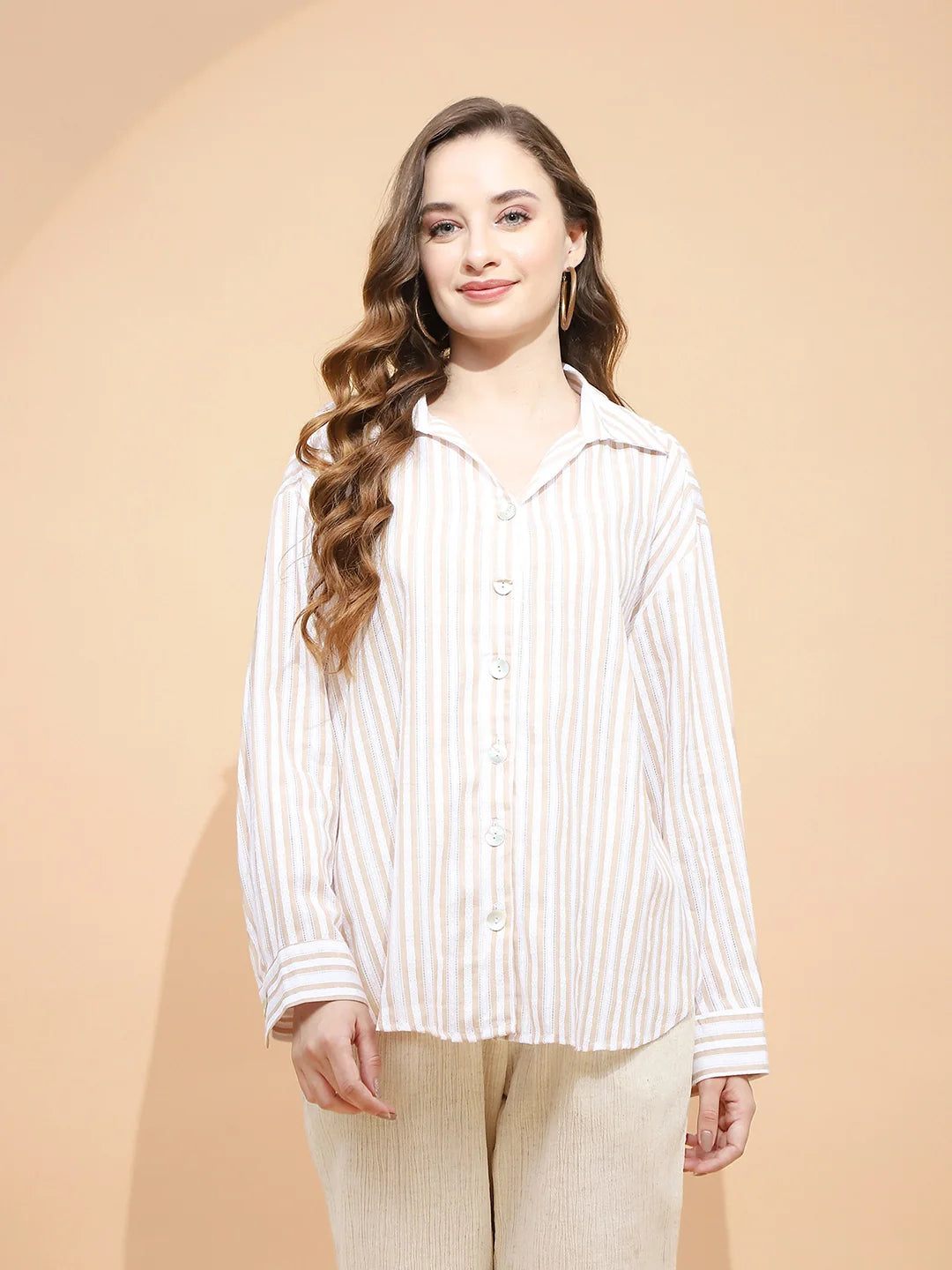 Brown And White Cotton Tailored Fit Shirt For Women - Global Republic #