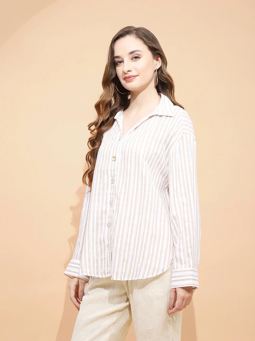 Brown And White Cotton Tailored Fit Shirt For Women - Global Republic #