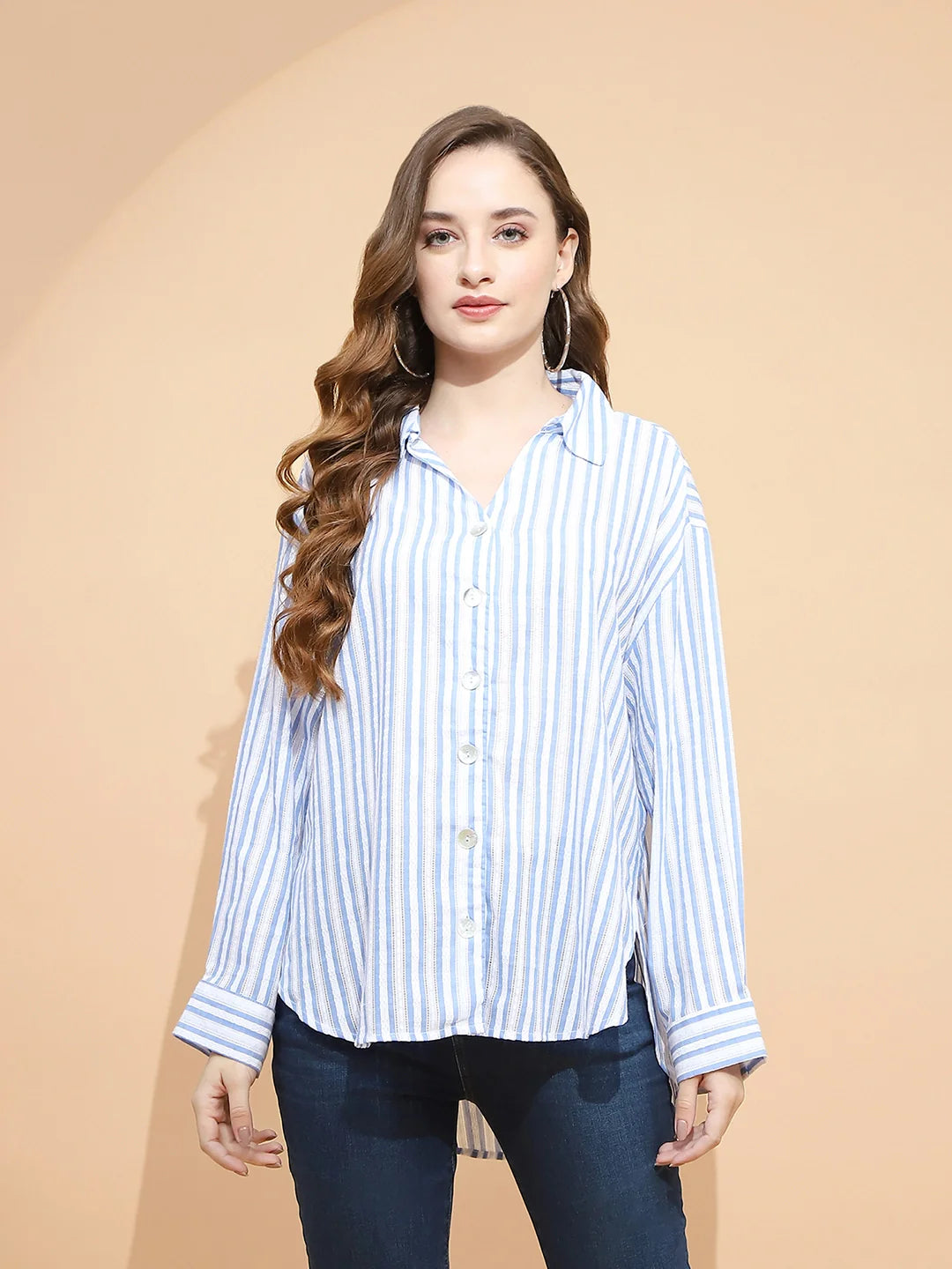 Blue And White Cotton Tailored Fit Shirt For Women - Global Republic #