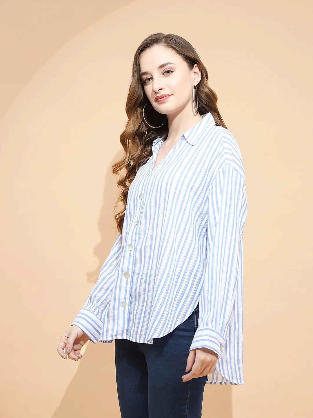 Blue And White Cotton Tailored Fit Shirt For Women