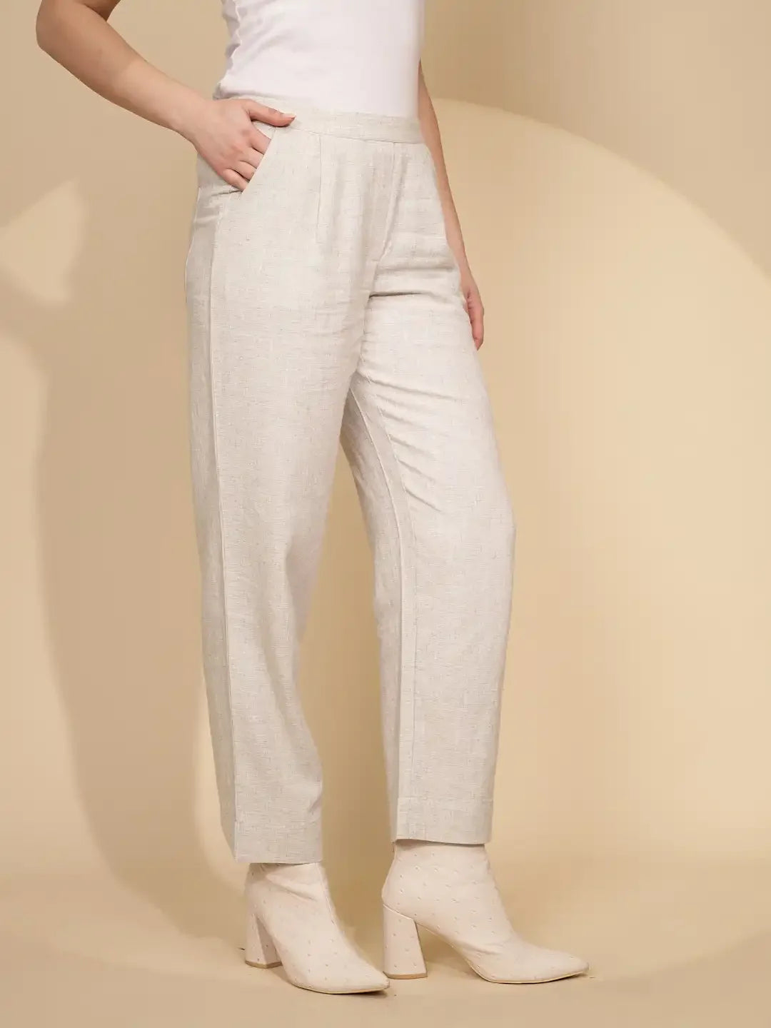Beige Linen Relaxed Fit Trouser For Women - Global Republic