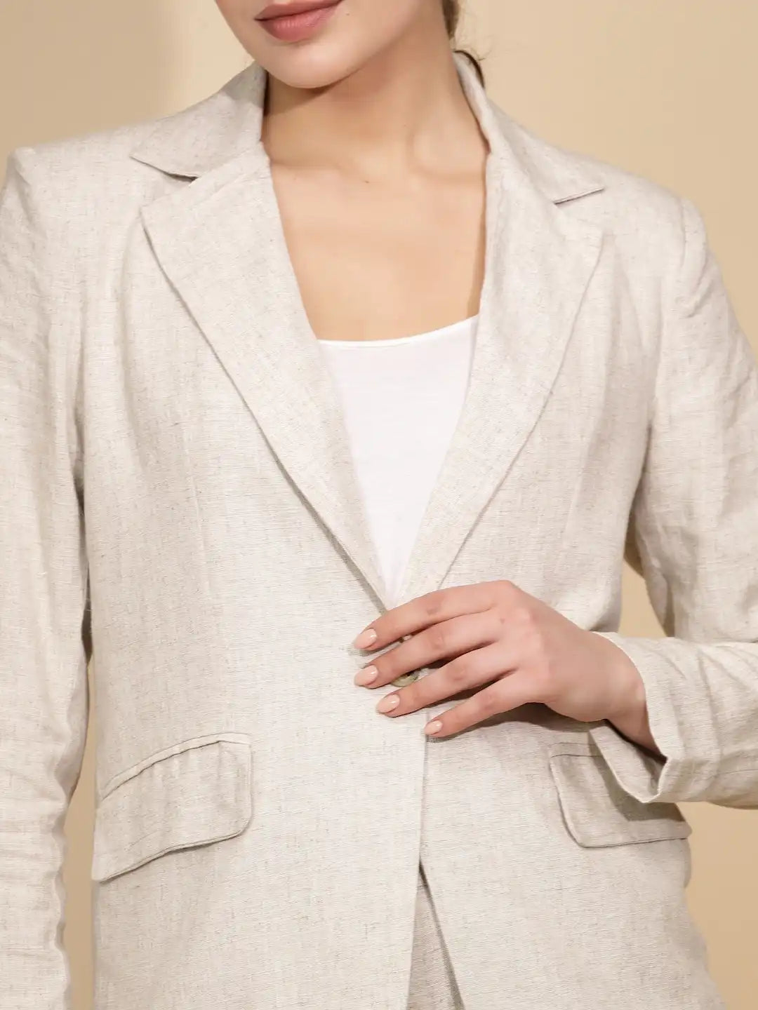 Natural Beige Linen Regular Fit Coat For Women